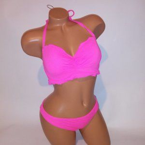 Victoria Secret Swim Bikini 36D Top Medium Bottom Solid Neon Pink Ruffle Trim